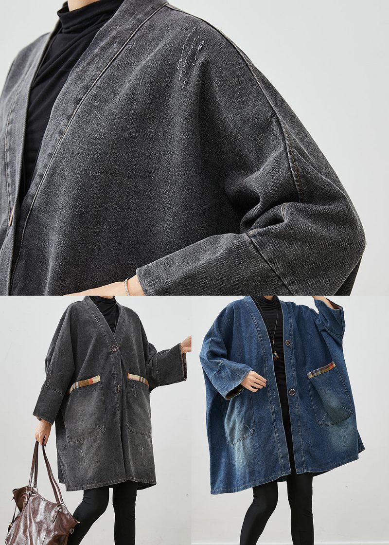 Sort Patchwork Denim Trench Coat Outwear Oversized Fall - Dame trenchcoats