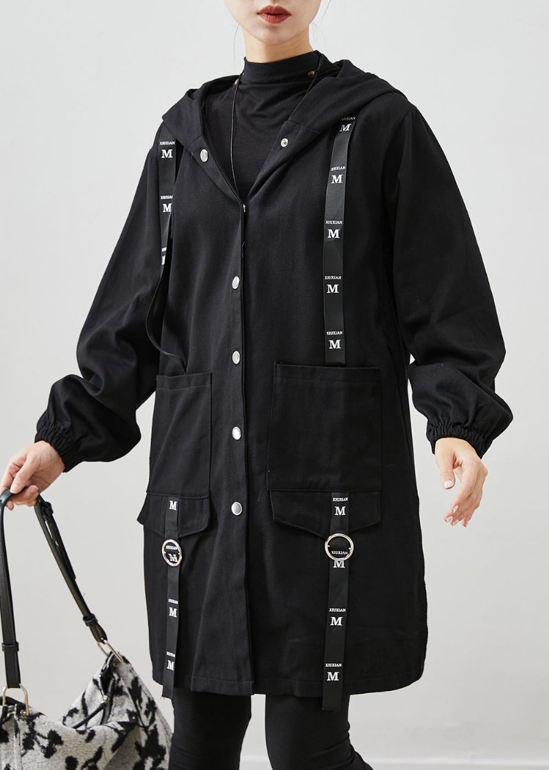 Sort Patchwork Hættetrøje I Bomuld Trench Coat Oversized Efterår - Dame trenchcoats