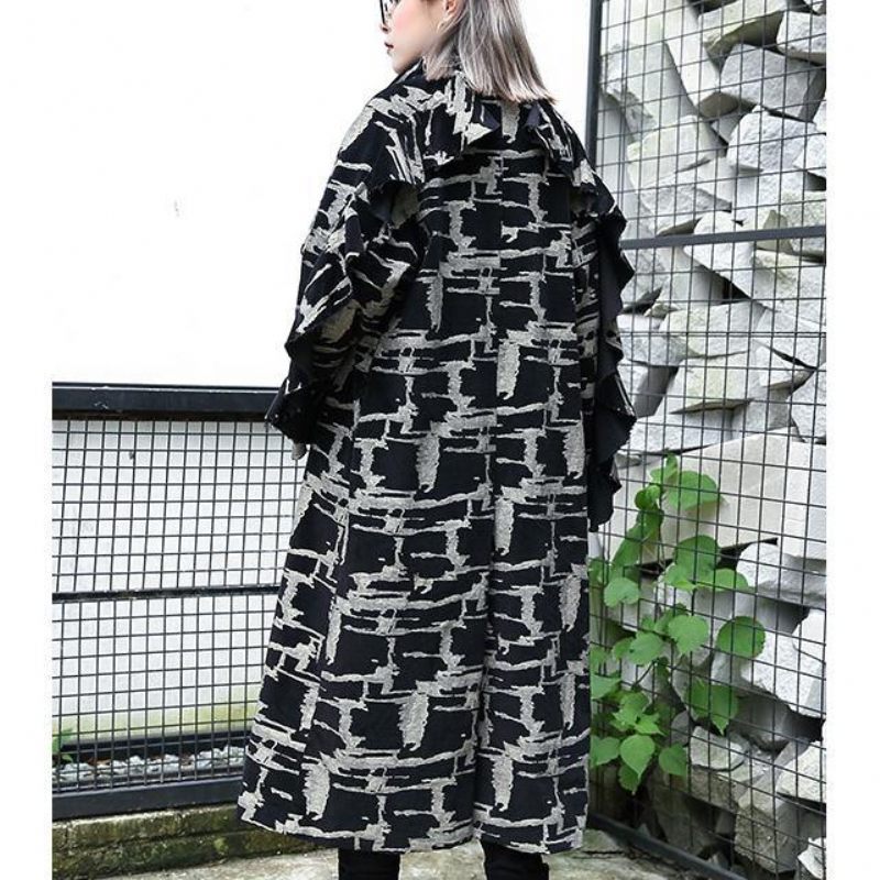 Sort Print Frakke Plus Size Revers Patchwork Fin Asymmetrisk Designfrakke - Dame trenchcoats