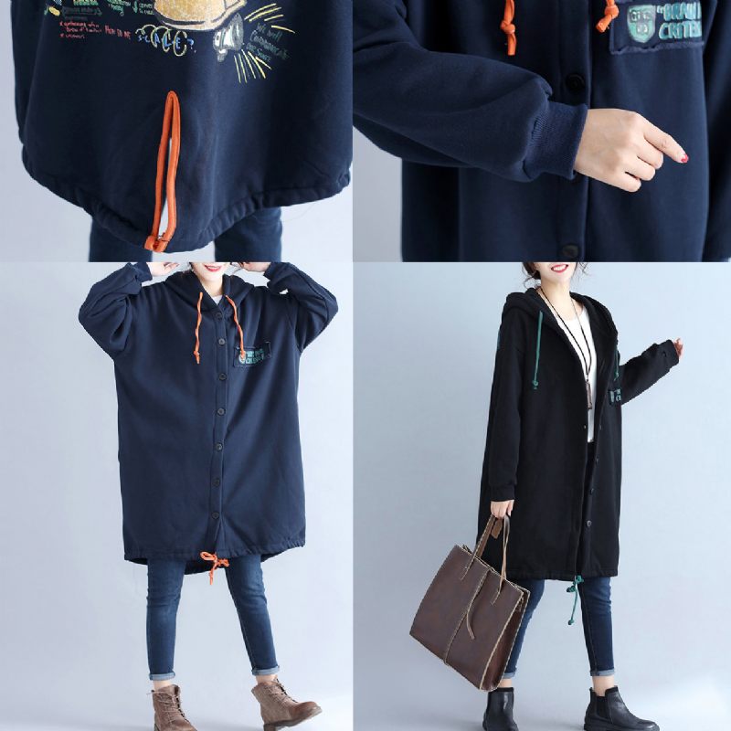 Sorte Fashion Back Prints Bomuld Trenchcoats Plus Størrelse Hætte Vinter Outfits - Dame trenchcoats