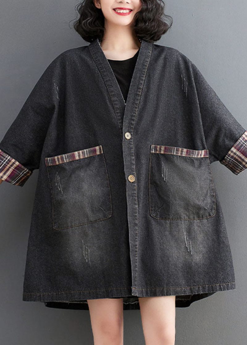 Sorte Lommer Knap Lav Høj Design Denim Trenchcoat Efterår - Sort