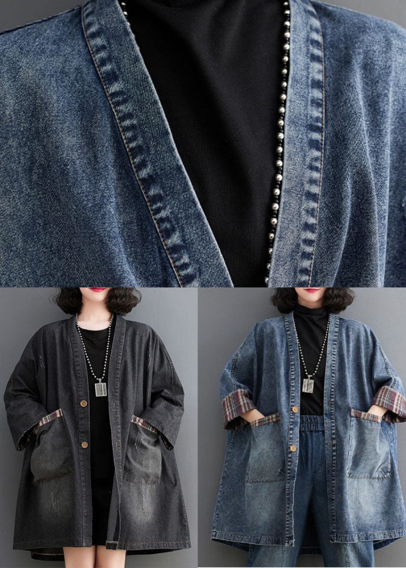 Sorte Lommer Knap Lav Høj Design Denim Trenchcoat Efterår - Sort