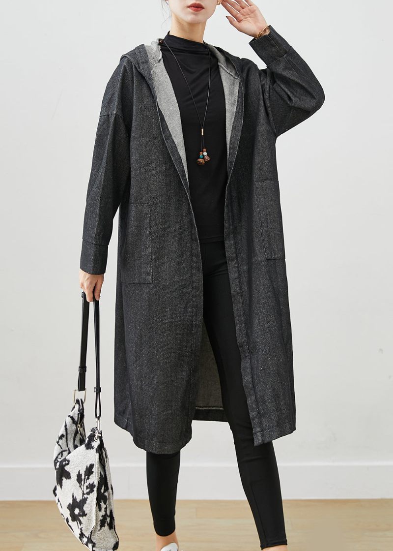 Sorte Overdimensionerede Denim Trench Coats Hættelommer Fall