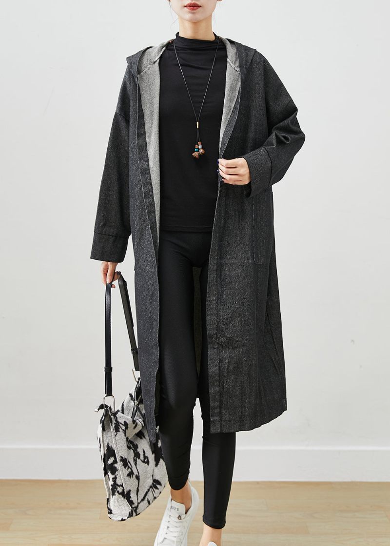 Sorte Overdimensionerede Denim Trench Coats Hættelommer Fall - Dame trenchcoats