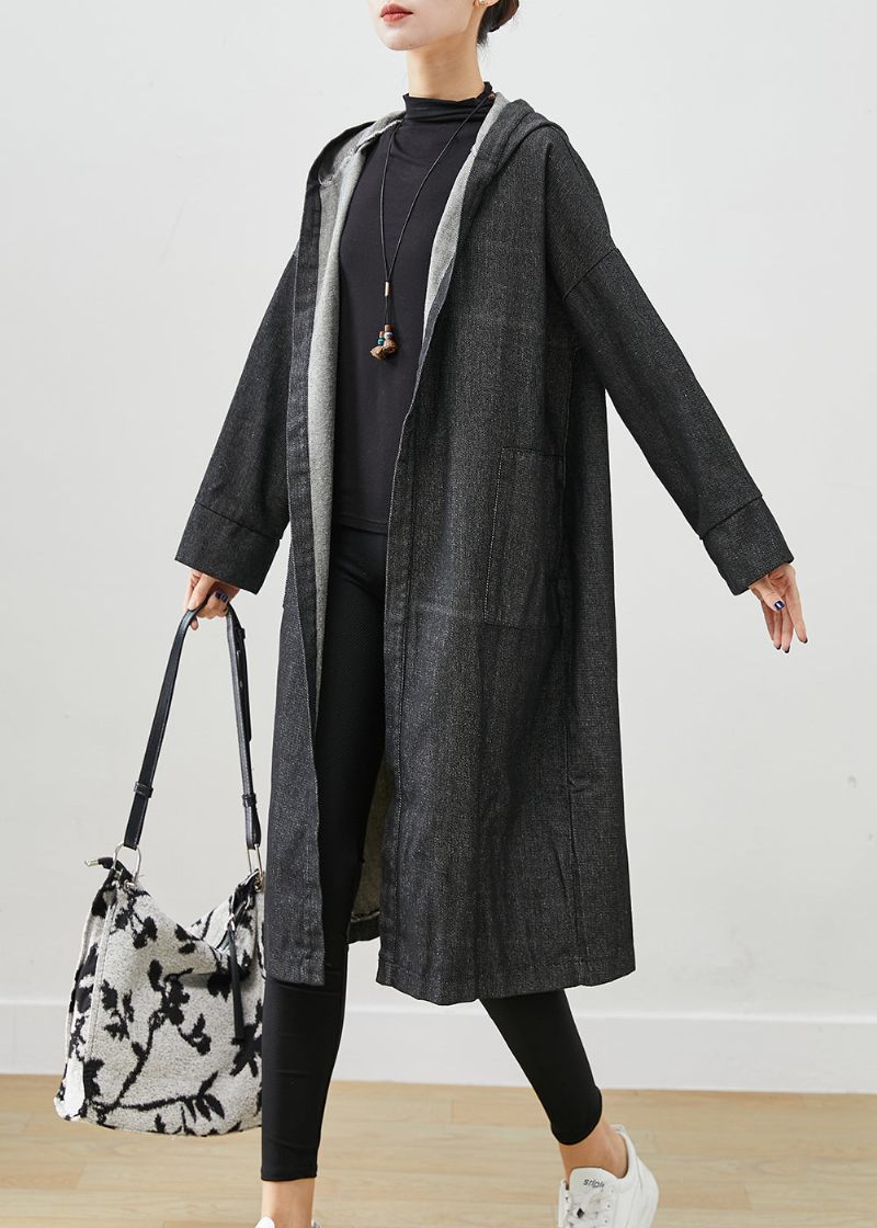 Sorte Overdimensionerede Denim Trench Coats Hættelommer Fall - Dame trenchcoats