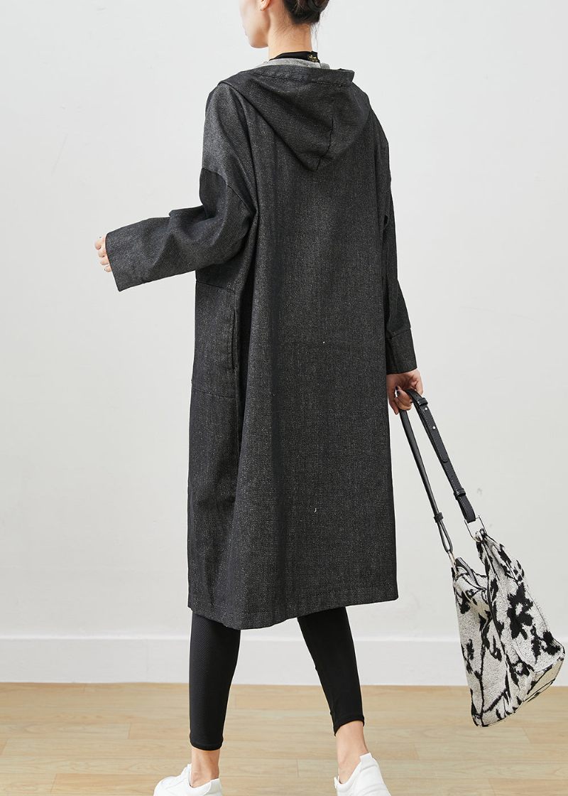 Sorte Overdimensionerede Denim Trench Coats Hættelommer Fall - Dame trenchcoats