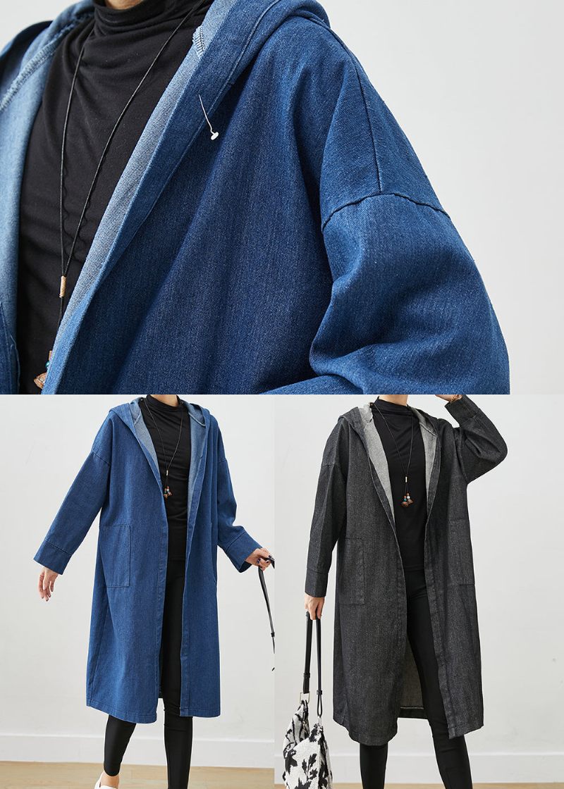 Sorte Overdimensionerede Denim Trench Coats Hættelommer Fall - Dame trenchcoats