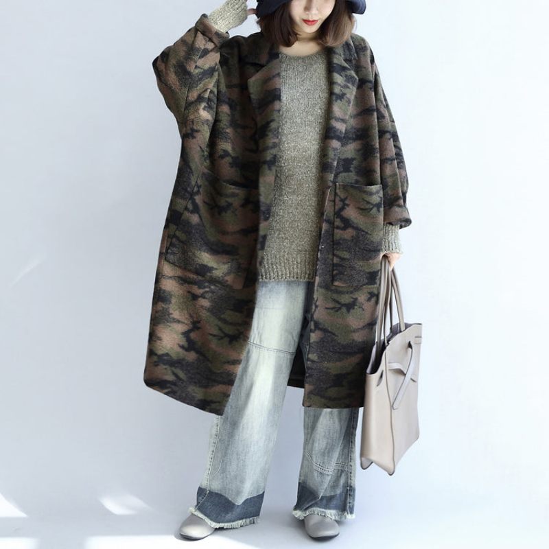 Sortgrøn Camouflage Casual Uldne Cardigans Oversize Lommer Langærmede Trenchcoats