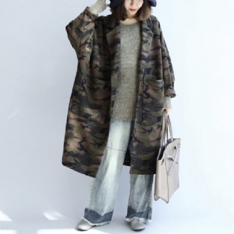 Sortgrøn Camouflage Casual Uldne Cardigans Oversize Lommer Langærmede Trenchcoats