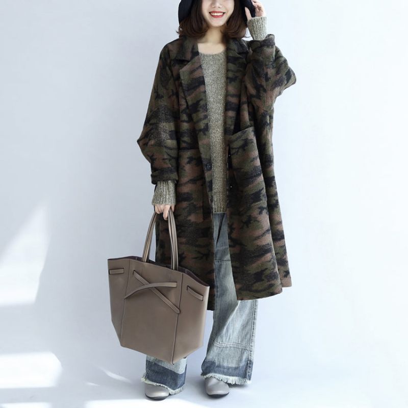 Sortgrøn Camouflage Casual Uldne Cardigans Oversize Lommer Langærmede Trenchcoats - Dame trenchcoats