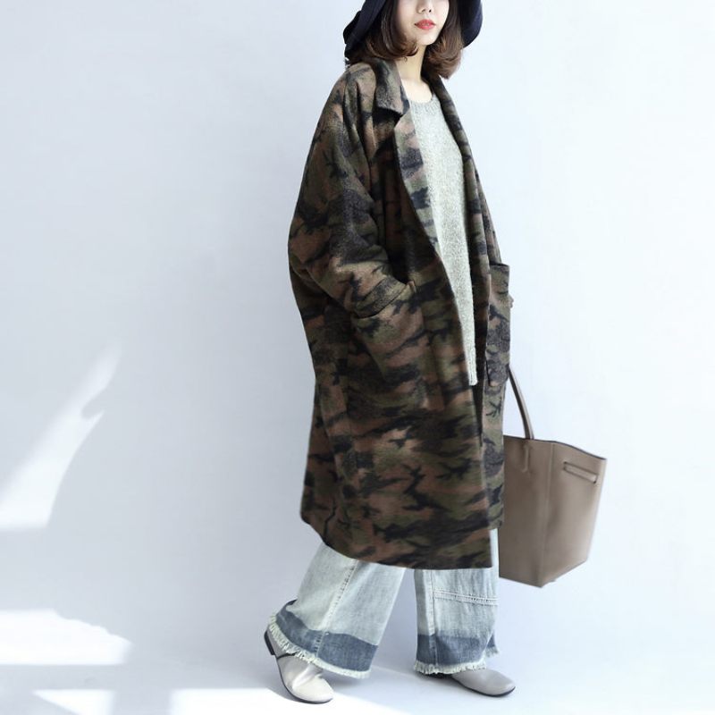 Sortgrøn Camouflage Casual Uldne Cardigans Oversize Lommer Langærmede Trenchcoats - Dame trenchcoats