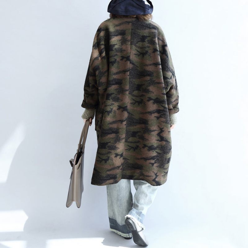 Sortgrøn Camouflage Casual Uldne Cardigans Oversize Lommer Langærmede Trenchcoats - Dame trenchcoats