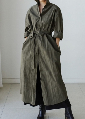 Stil Army Green Peter Pan Krave Bomuld Tie Talje Lang Trench Coat Spring