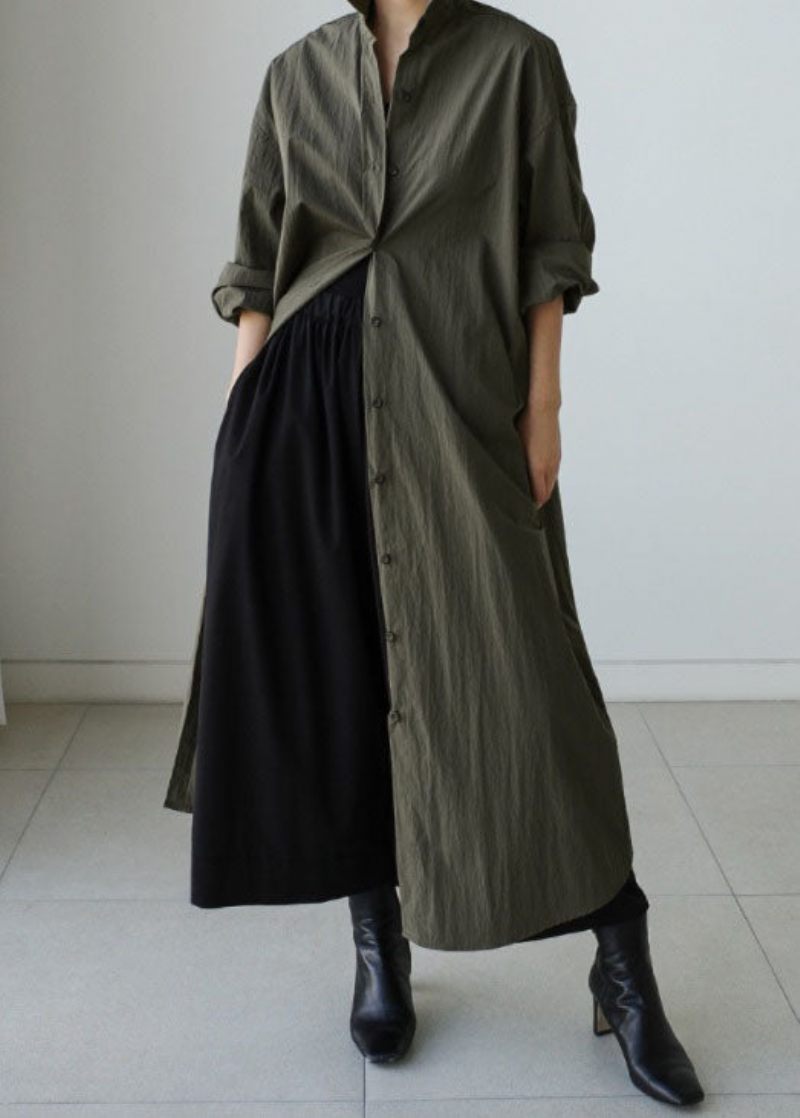 Stil Army Green Peter Pan Krave Bomuld Tie Talje Lang Trench Coat Spring - Dame trenchcoats