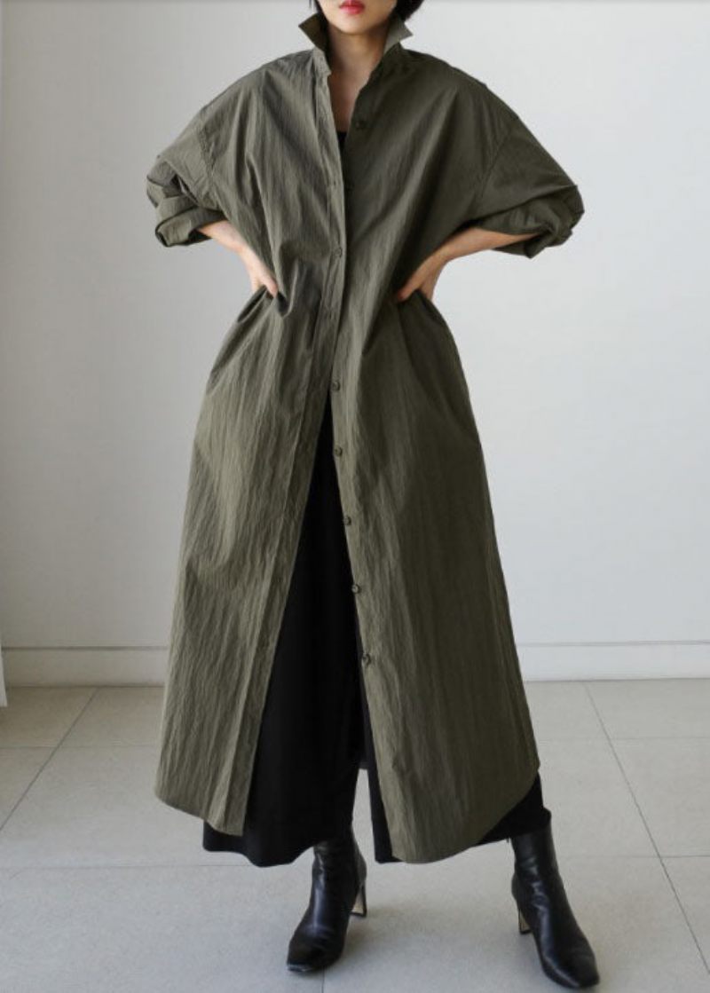 Stil Army Green Peter Pan Krave Bomuld Tie Talje Lang Trench Coat Spring - Dame trenchcoats