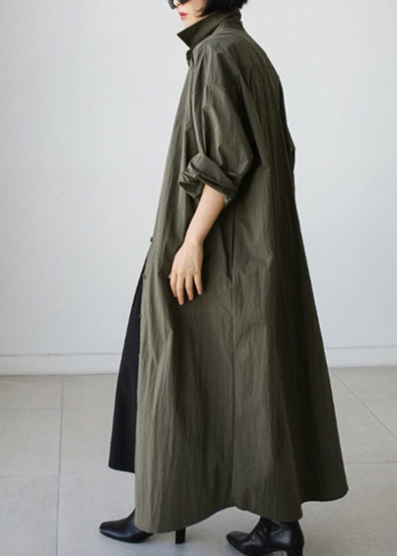 Stil Army Green Peter Pan Krave Bomuld Tie Talje Lang Trench Coat Spring - Dame trenchcoats