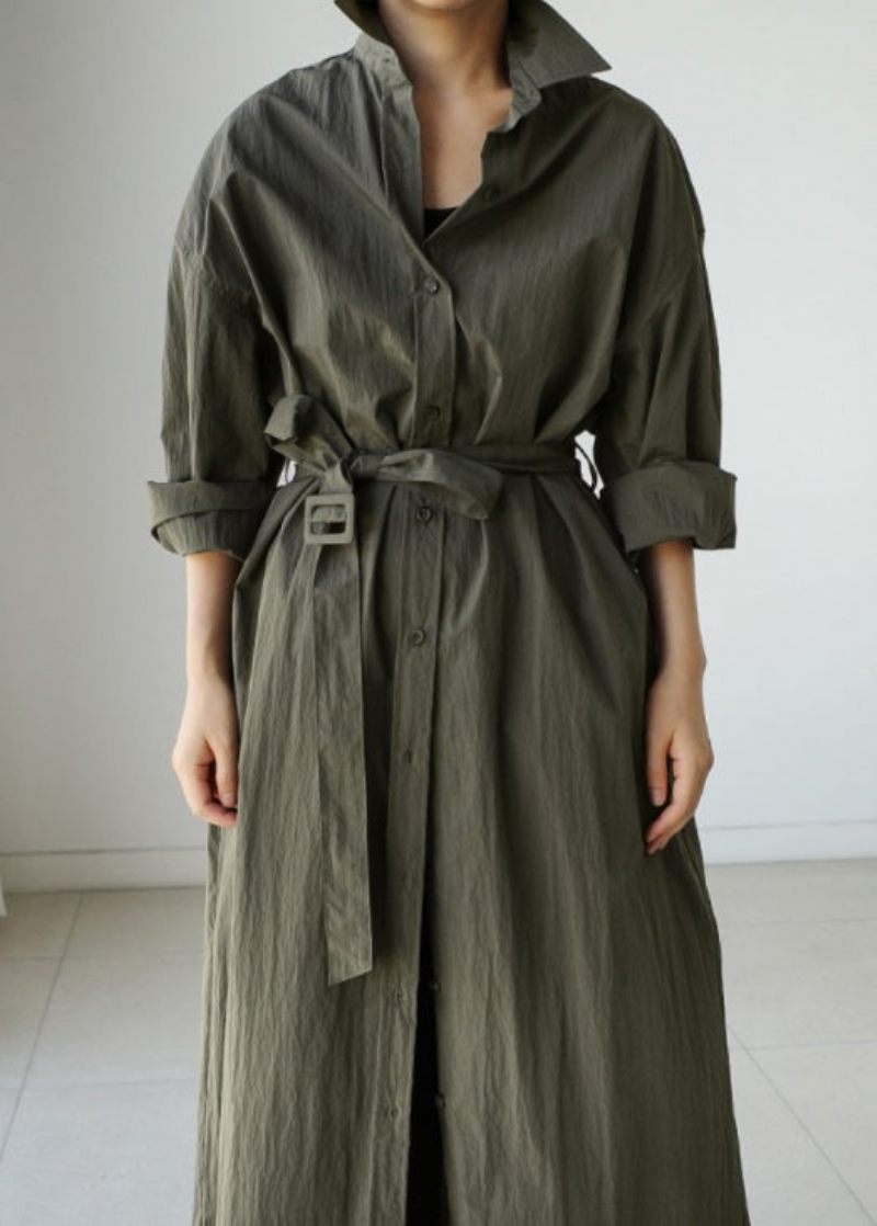 Stil Army Green Peter Pan Krave Bomuld Tie Talje Lang Trench Coat Spring - Dame trenchcoats