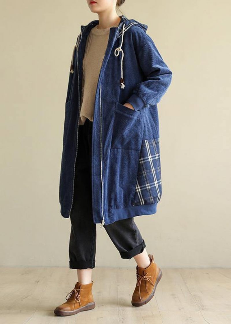 Stil Blå Fine Frakker Kvinder Halsudskæring Hætte Patchwork Outwears - Dame trenchcoats