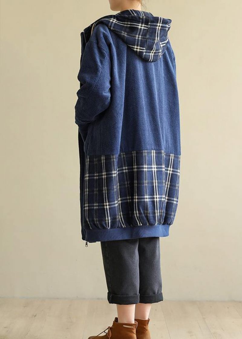 Stil Blå Fine Frakker Kvinder Halsudskæring Hætte Patchwork Outwears - Dame trenchcoats