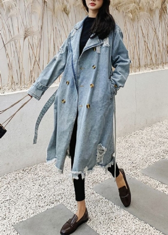 Stil Blå Peter Pan Krave Lommer Tie Talje Patchwork Denim Coat Efterår