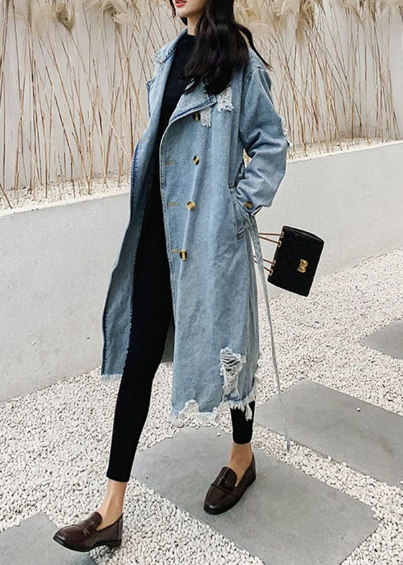 Stil Blå Peter Pan Krave Lommer Tie Talje Patchwork Denim Coat Efterår - Dame trenchcoats