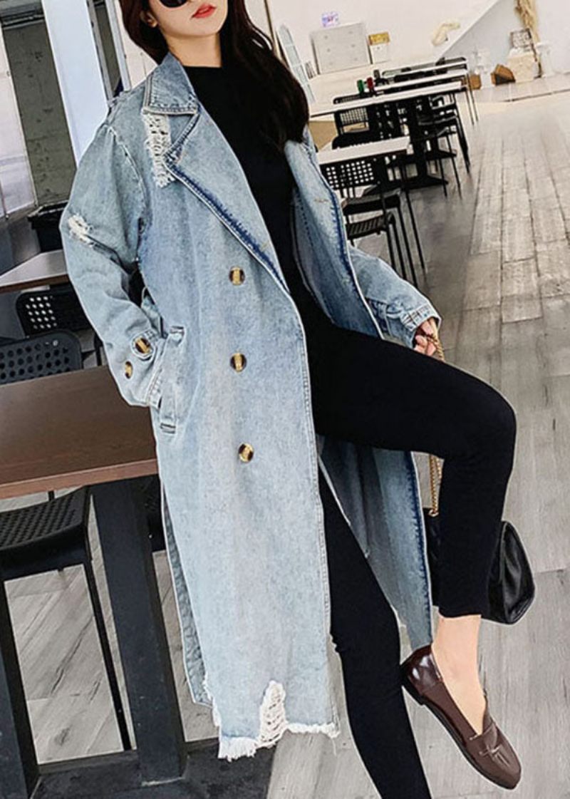 Stil Blå Peter Pan Krave Lommer Tie Talje Patchwork Denim Coat Efterår - Dame trenchcoats