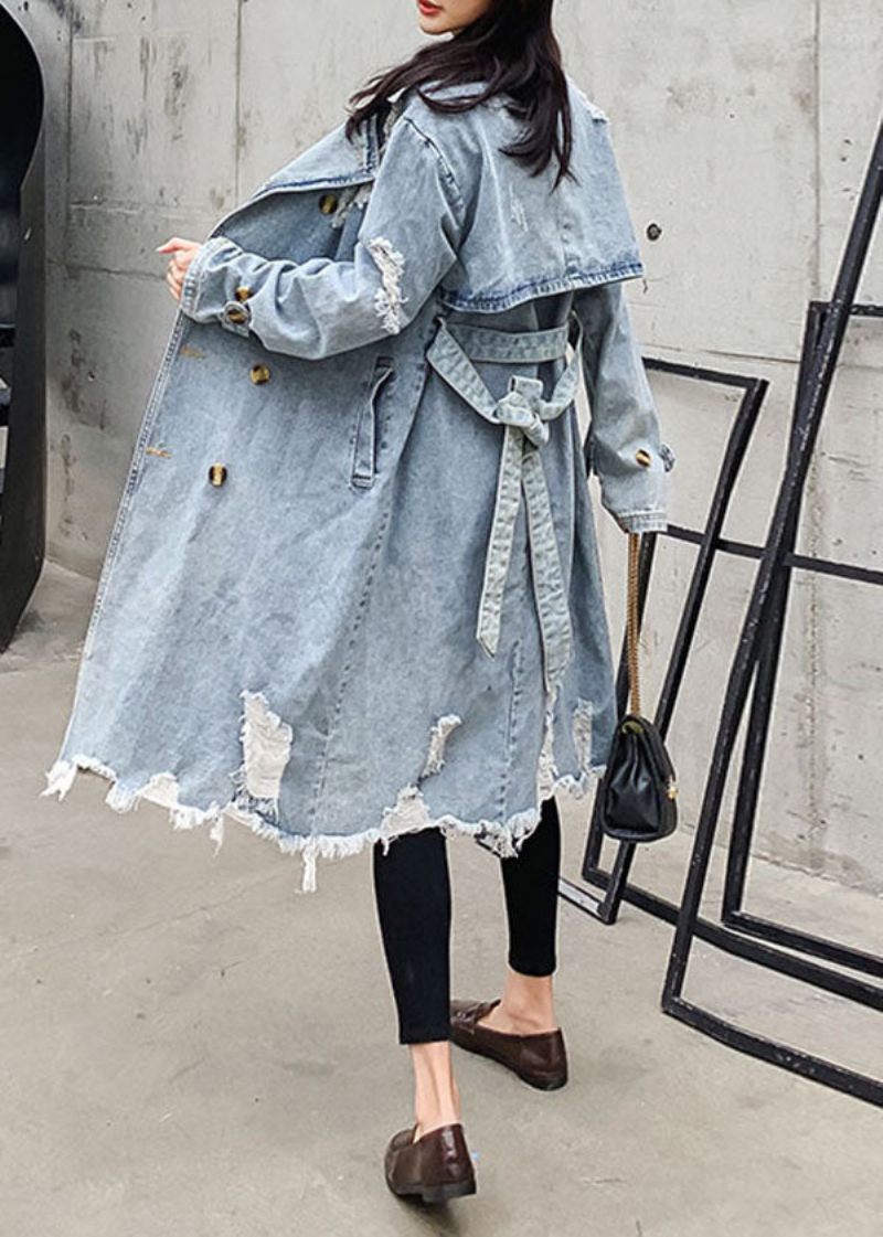 Stil Blå Peter Pan Krave Lommer Tie Talje Patchwork Denim Coat Efterår - Dame trenchcoats