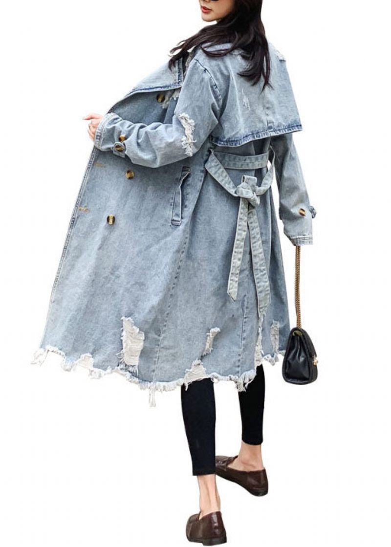 Stil Blå Peter Pan Krave Lommer Tie Talje Patchwork Denim Coat Efterår - Dame trenchcoats