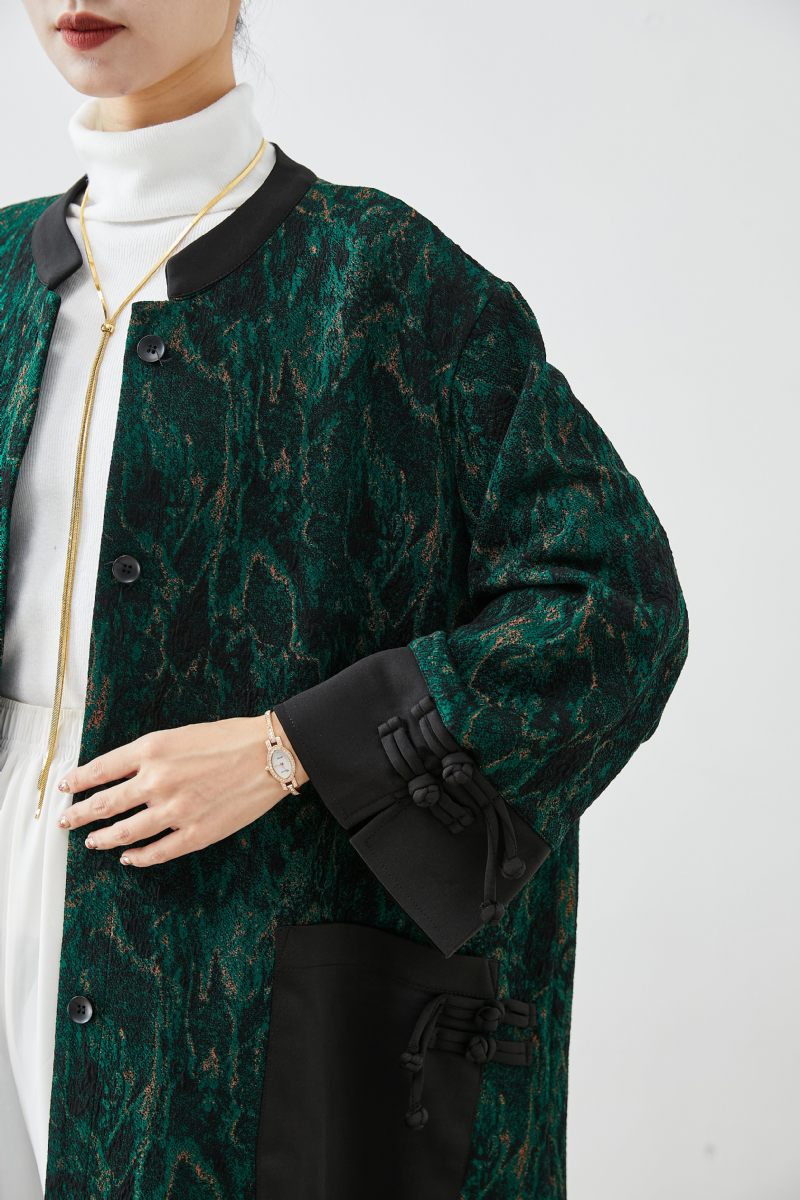 Stil Blackish Green Tie Dye Patchwork Kinesisk Knap Mink Velour Trench Fall - Dame trenchcoats