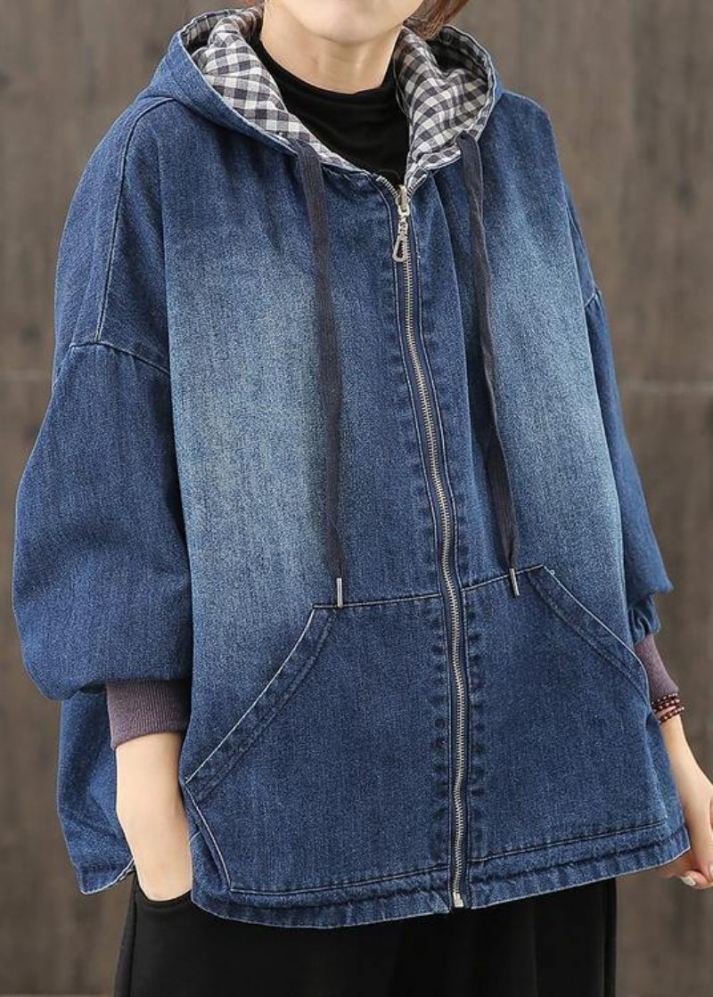 Stil Hætte Lommer Tøj Til Kvinder Fotografering Denim Blå Bluser - Dame trenchcoats