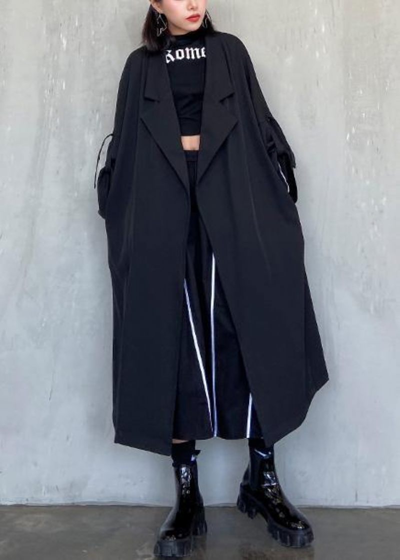 Stil Indhakkede Lommer Fine Lang Frakke Slack Oversized Damefrakker - Sort