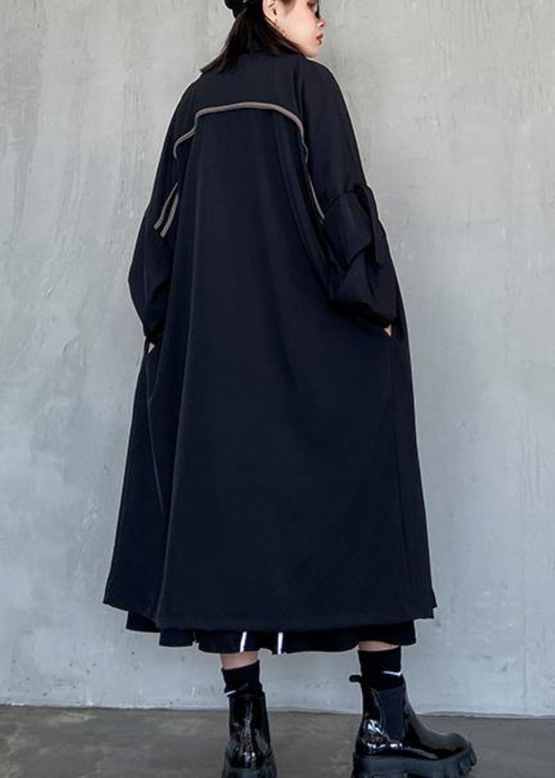 Stil Indhakkede Lommer Fine Lang Frakke Slack Oversized Damefrakker - Sort