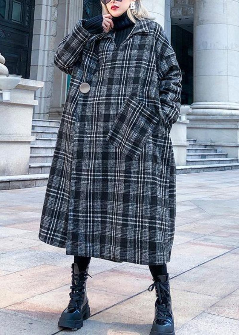 Stil Plaid Plus Size Tøj Halsudskæring Firkantet Krave Lommer Falder Kvinder Frakker - Dame trenchcoats