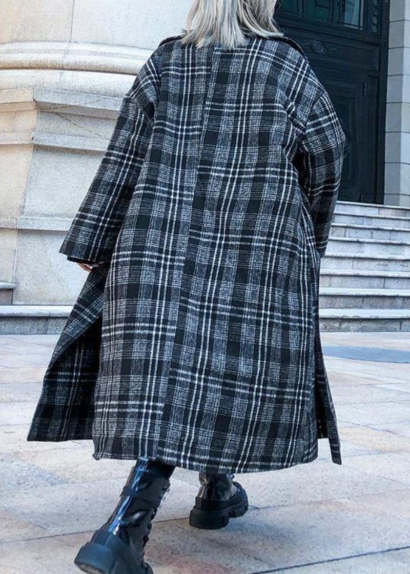 Stil Plaid Plus Size Tøj Halsudskæring Firkantet Krave Lommer Falder Kvinder Frakker - Dame trenchcoats