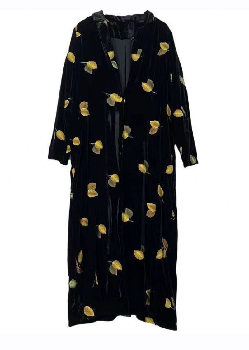 Stil Sort Notched Print Silke Velour Lange Trench Coats Ærmer - Dame trenchcoats