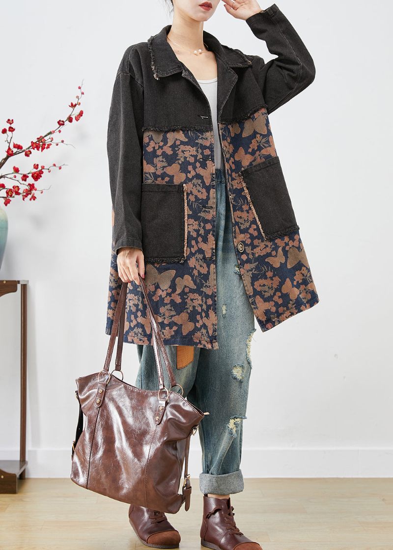 Stil Sort Oversized Patchwork Lommer Print Denim Trench Fall