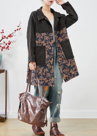 Stil Sort Oversized Patchwork Lommer Print Denim Trench Fall