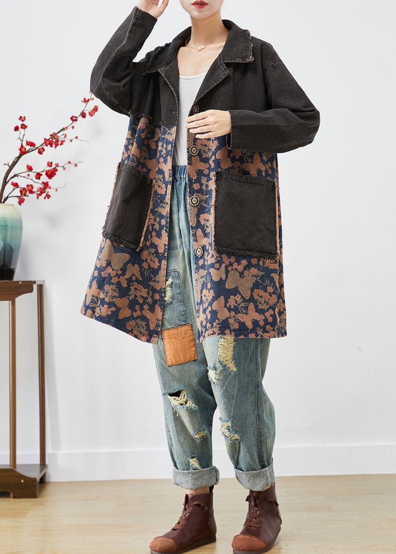 Stil Sort Oversized Patchwork Lommer Print Denim Trench Fall - Dame trenchcoats