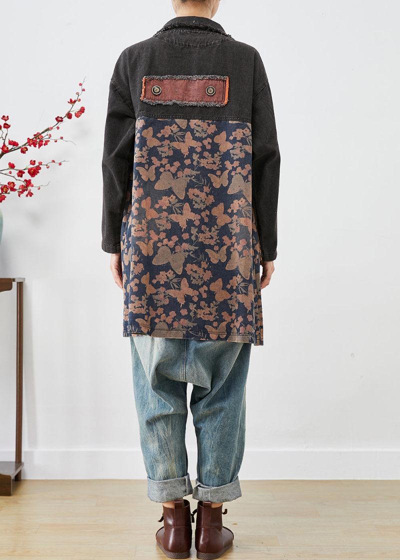 Stil Sort Oversized Patchwork Lommer Print Denim Trench Fall - Dame trenchcoats