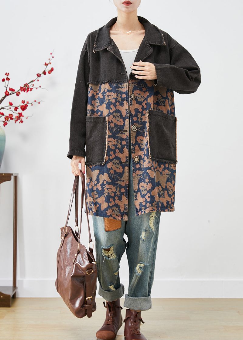 Stil Sort Oversized Patchwork Lommer Print Denim Trench Fall - Dame trenchcoats