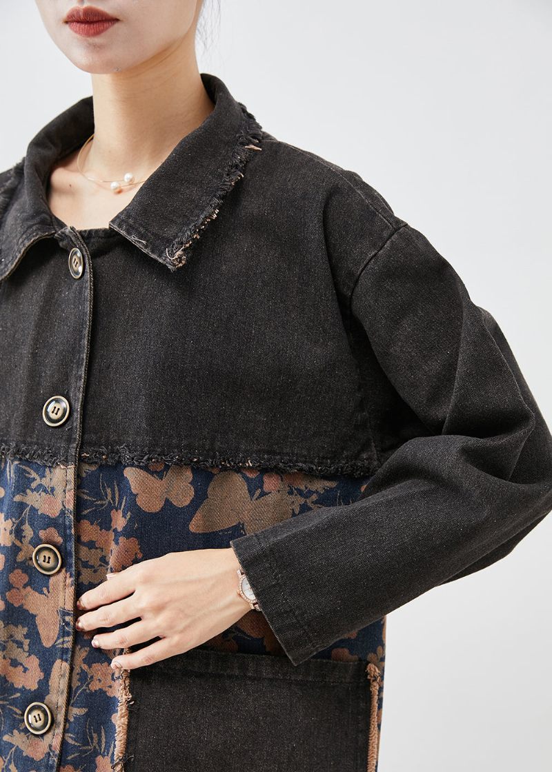 Stil Sort Oversized Patchwork Lommer Print Denim Trench Fall - Dame trenchcoats