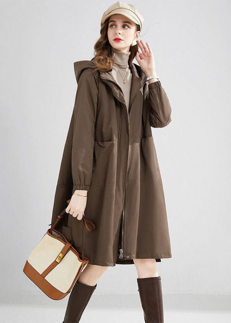 Stilfuld Khaki Hætte Oversized Lommer Varm Fleece Trench Vinter