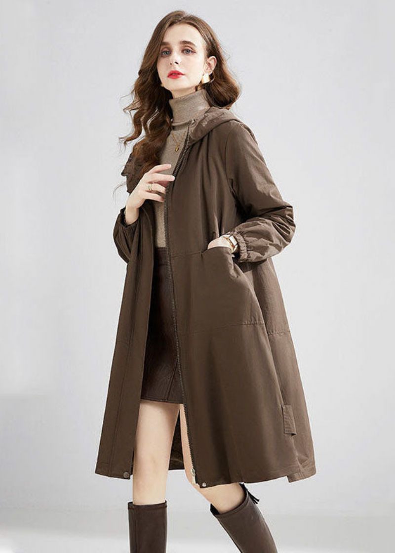 Stilfuld Khaki Hætte Oversized Lommer Varm Fleece Trench Vinter - Dame trenchcoats