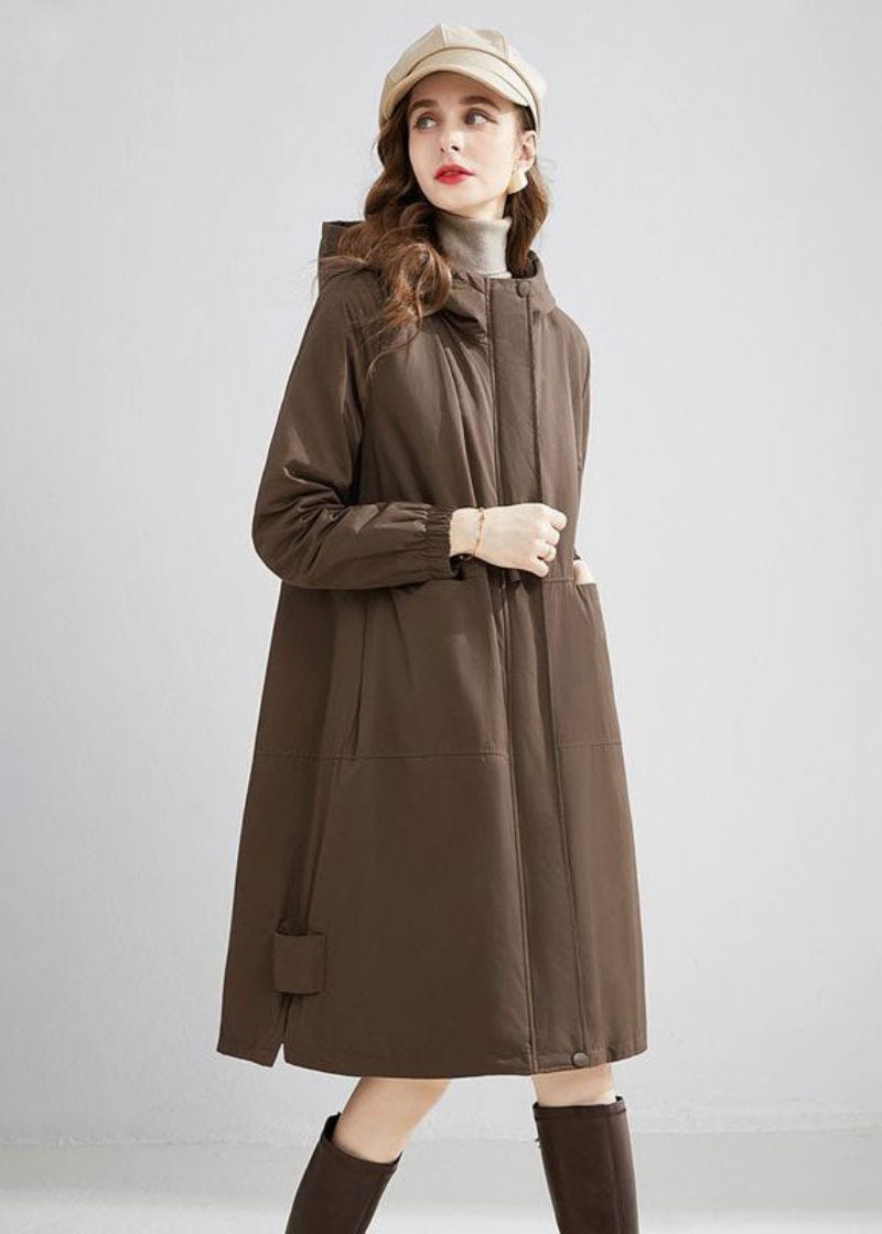 Stilfuld Khaki Hætte Oversized Lommer Varm Fleece Trench Vinter - Dame trenchcoats