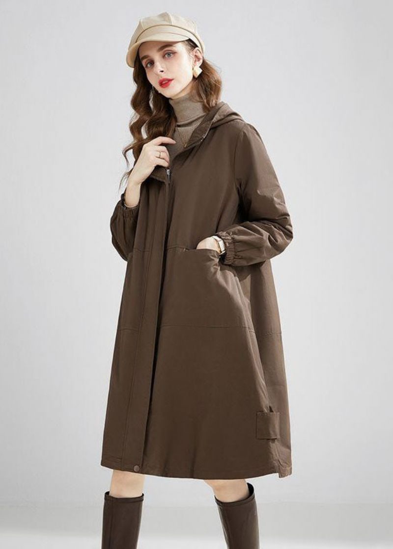 Stilfuld Khaki Hætte Oversized Lommer Varm Fleece Trench Vinter - Dame trenchcoats