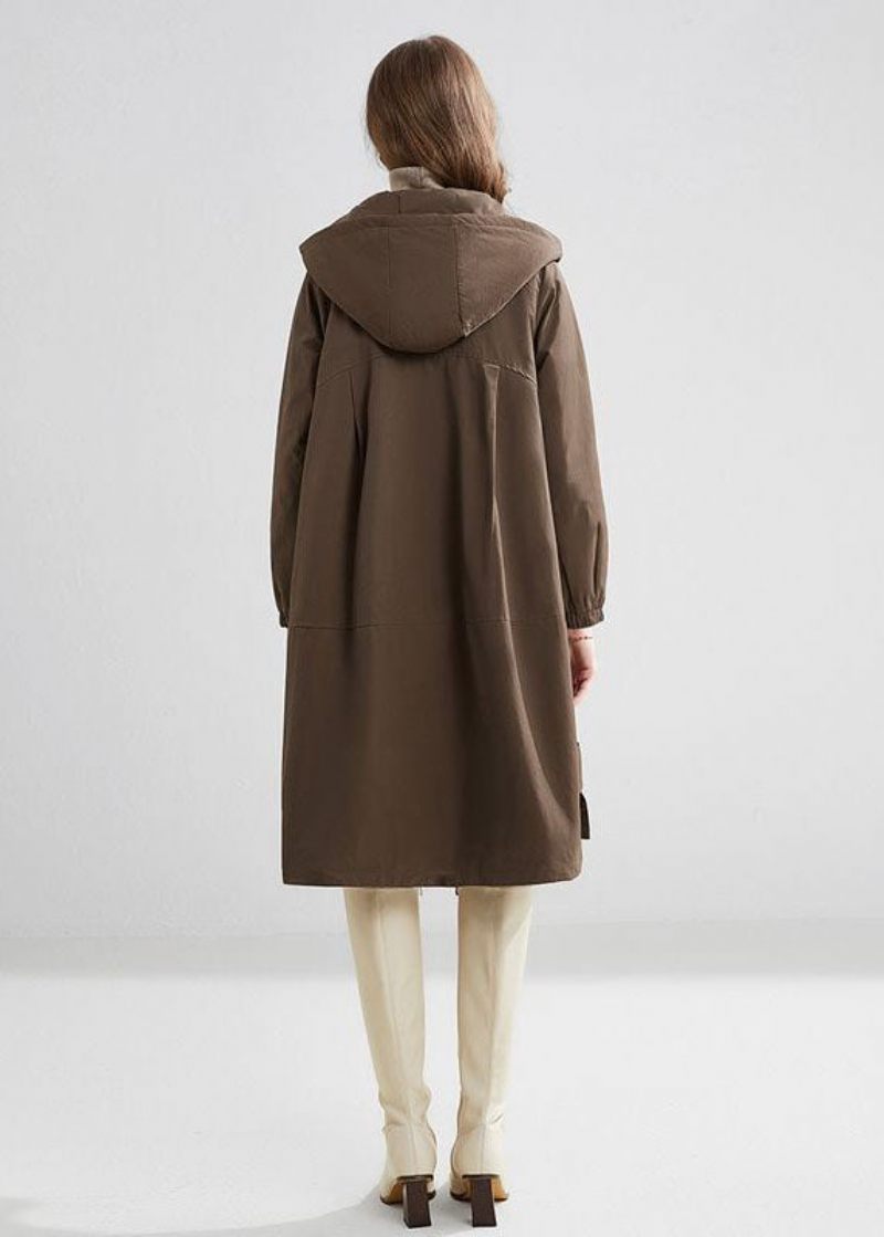 Stilfuld Khaki Hætte Oversized Lommer Varm Fleece Trench Vinter - Dame trenchcoats