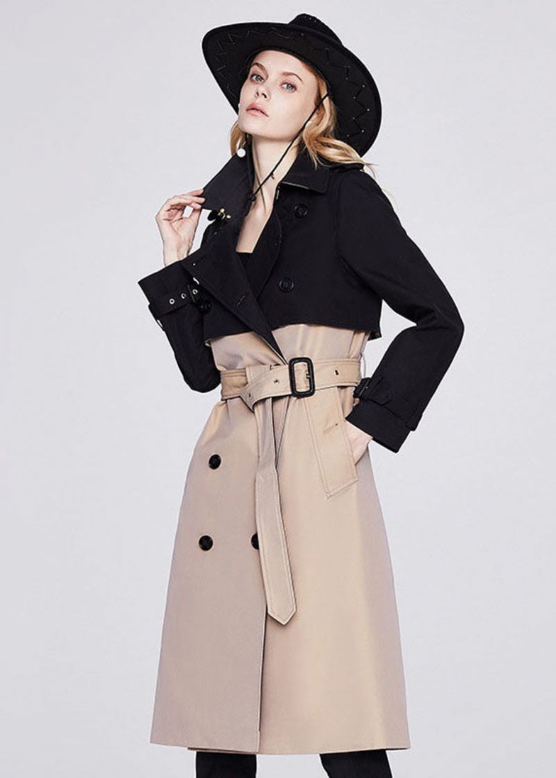 Stilfuld Khaki Sort Peter Pan Krave Patchwork Dobbelt Bryst Bomuld Cinch Trench Coats Forår - Dame trenchcoats