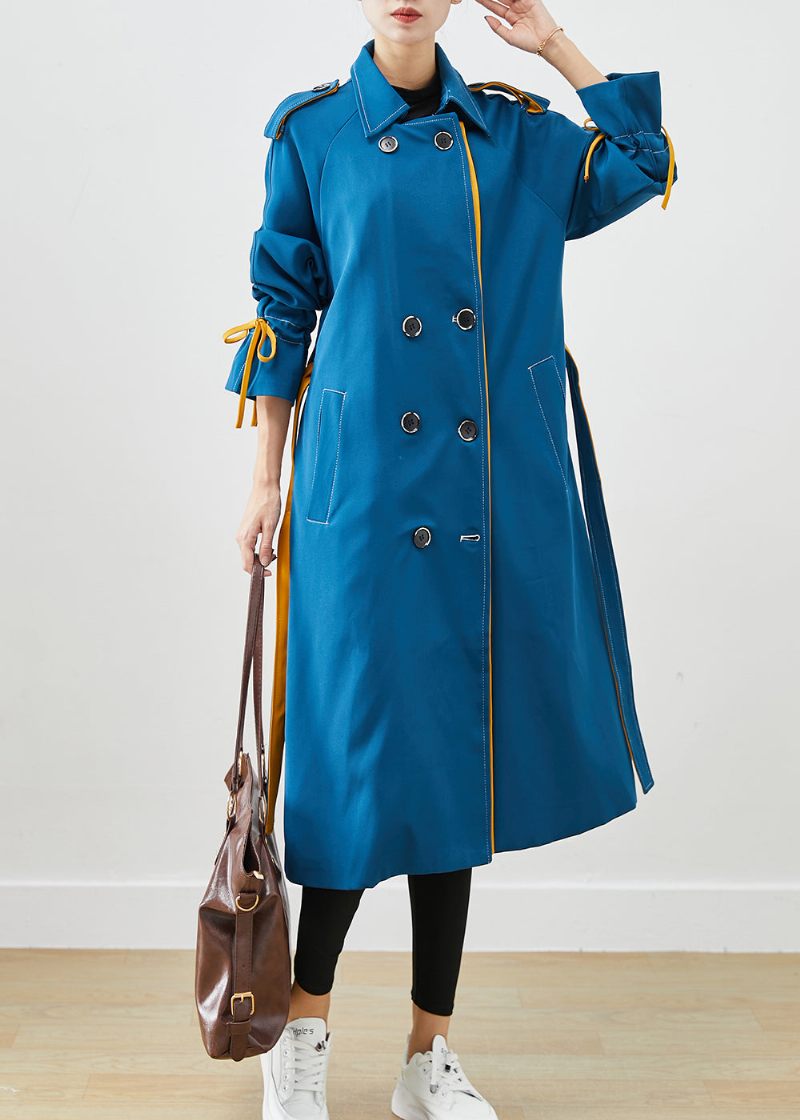 Stilfuld Peacock Blue Double Breast Tie Talje Bomuld Frakker Fall - Dame trenchcoats