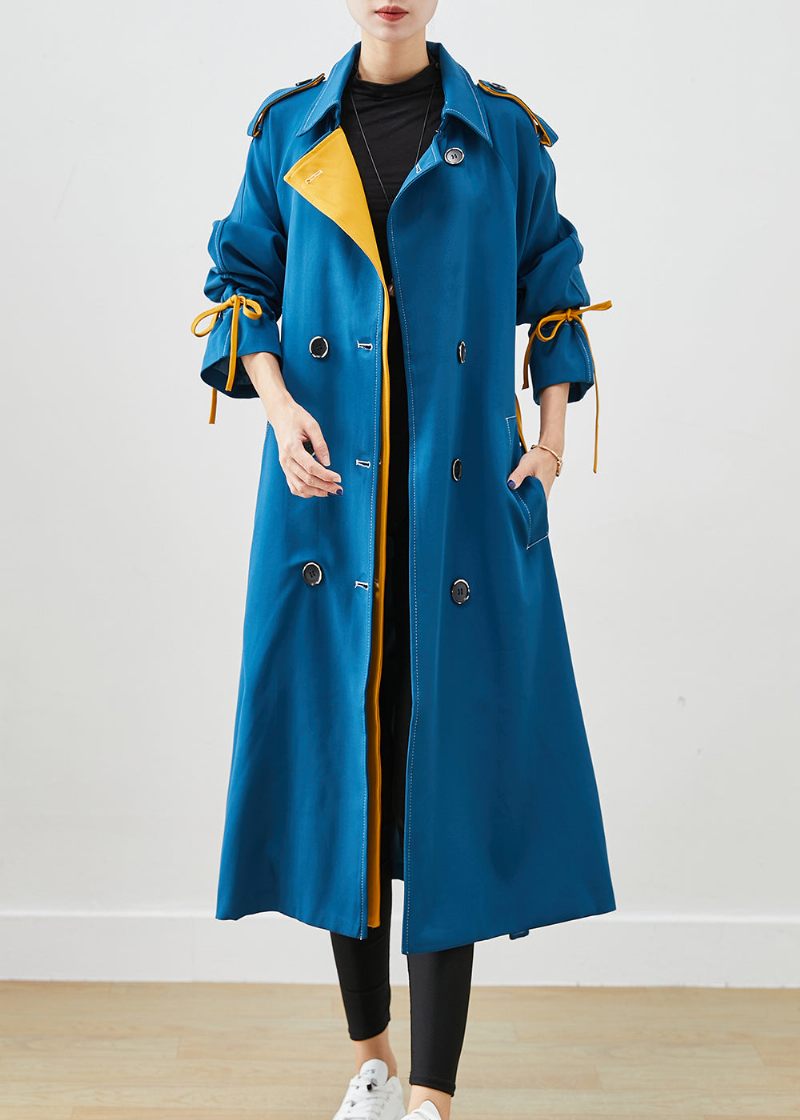 Stilfuld Peacock Blue Double Breast Tie Talje Bomuld Frakker Fall - Dame trenchcoats