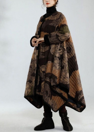 Stilfuld Sort Asymmetrisk Design Oversized Print Fine Bomuldsfyldte Trenchcoats Vinter